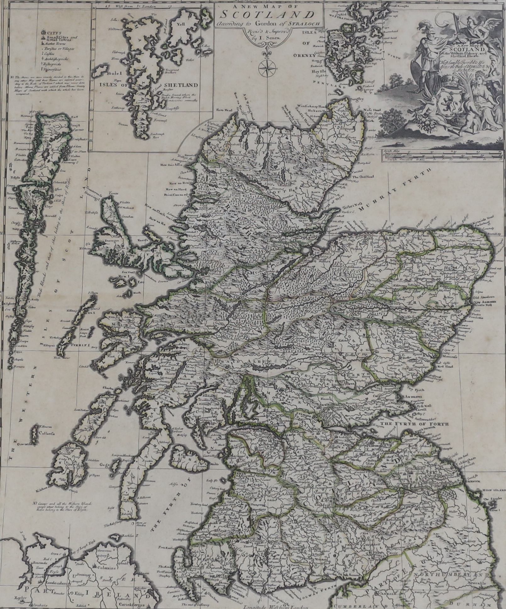 After John Senex (1678-1740), 18th century engraved map, 'A New Map of Scotland according to Gordon of Straloch', 1721, 58 x 48cm